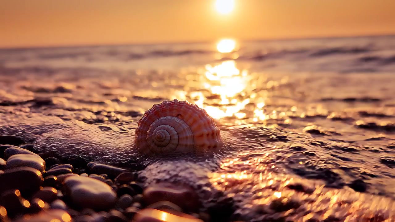 Spiral seashell on smooth beach pebbles at golden sunset