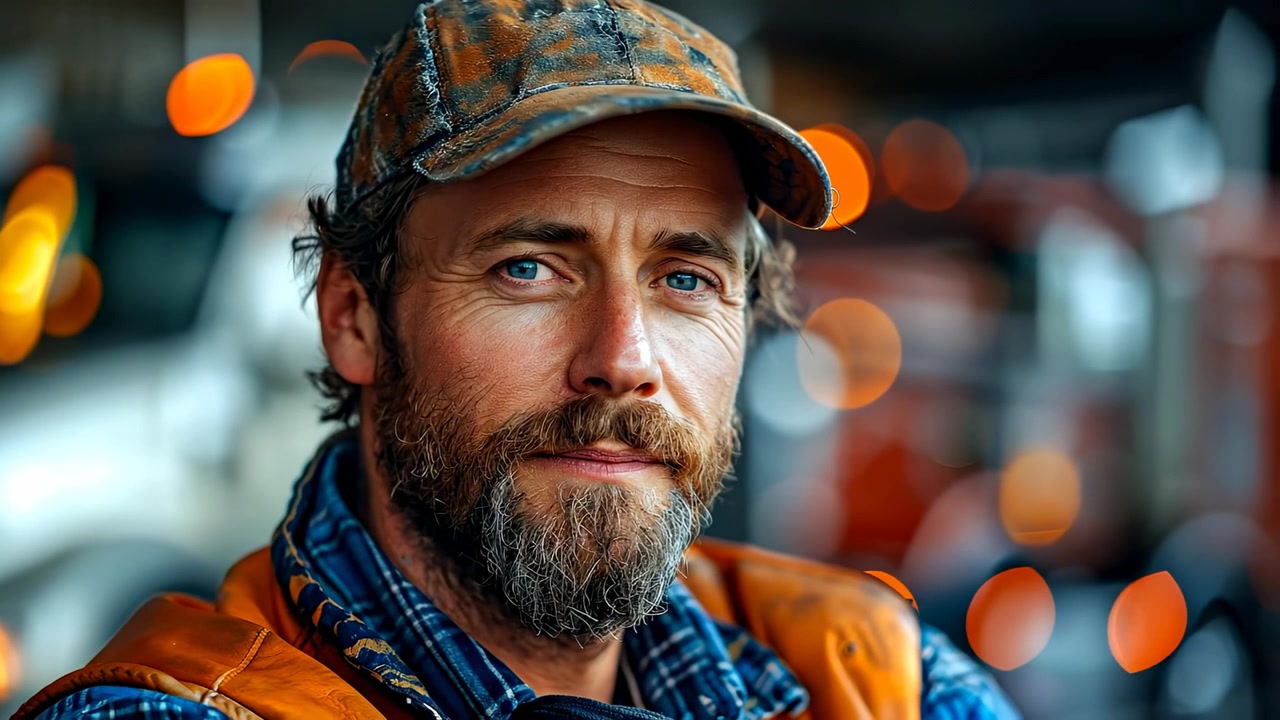 Portrait of mature bearded man wearing camouflage baseball cap. Close-up portrait of a bearded man with blue eyes in a cap and plaid shirt with bokeh lights.