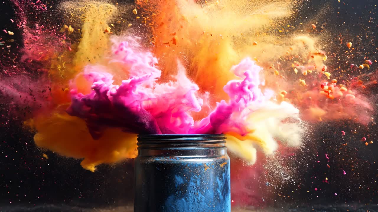 A jar of colorful powder is blown up in the air. The colors are red, orange, and yellow