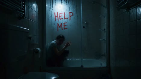 a disturbing scene of despair: a figure in a shower stall pleads for help, surrounded by foggy glass, creating an atmosphere of fear and isolation