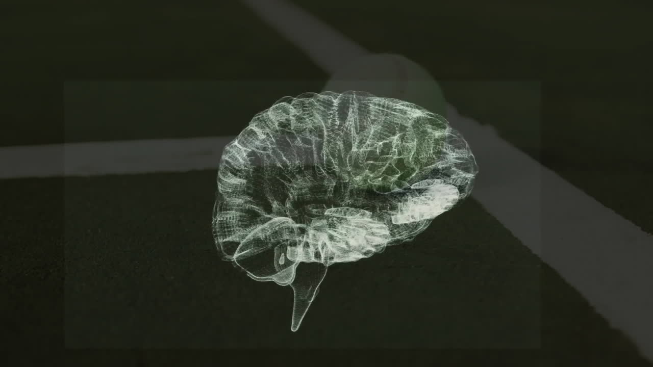 Translucent wireframe brain floating above green tennis court, showing digital overlay effect