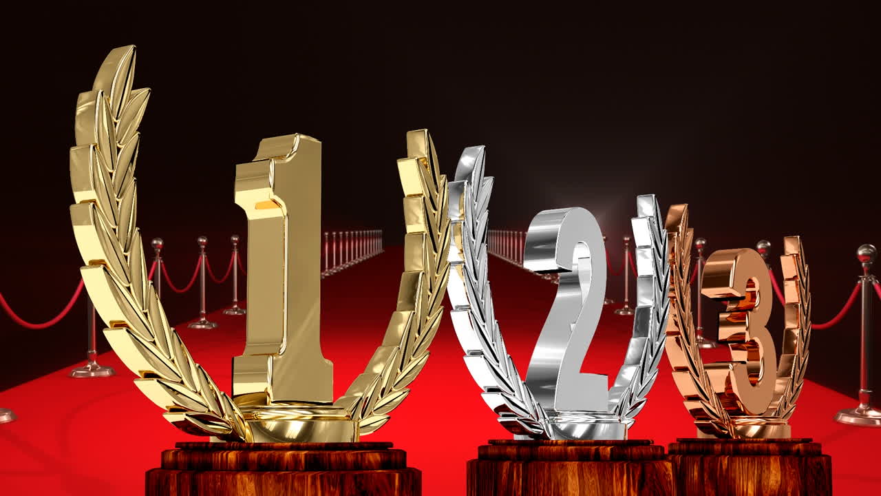 animación de los trofeos de primer, segundo y tercer lugar en la ceremonia de entrega de premios de los ganadores