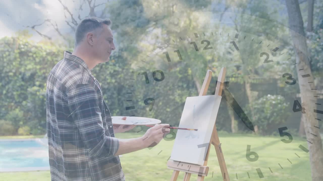 Artistic painter entering backyard with palette and brush painting canvas poolside with clock over