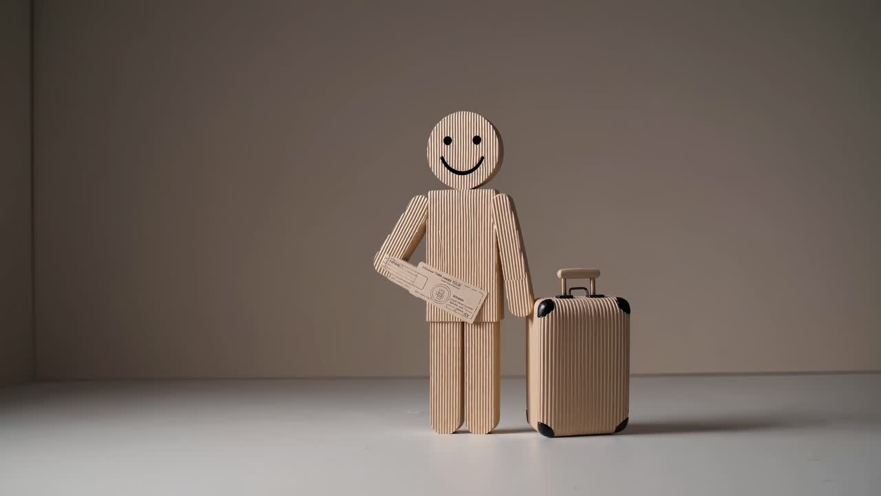 Cardboard figure representing a happy tourist holding a passport and boarding pass, standing next to a suitcase, symbolizing travel and vacation