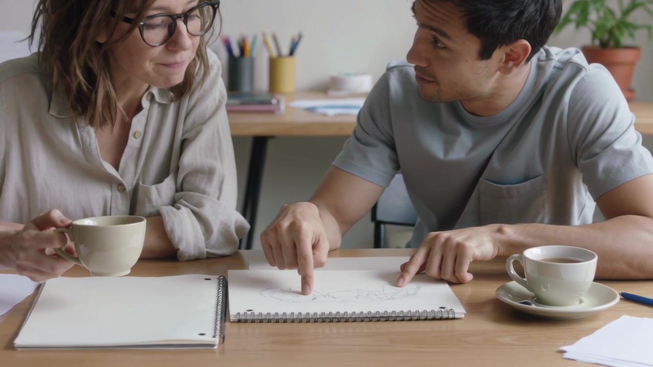 Entering man pointing at sketchbook, woman with glasses in shirt sipping mug at studio, reviewing