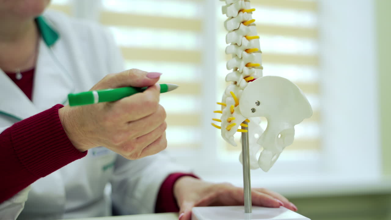 Doctor showing spine model. Close up of medical doctor pointing on spine model