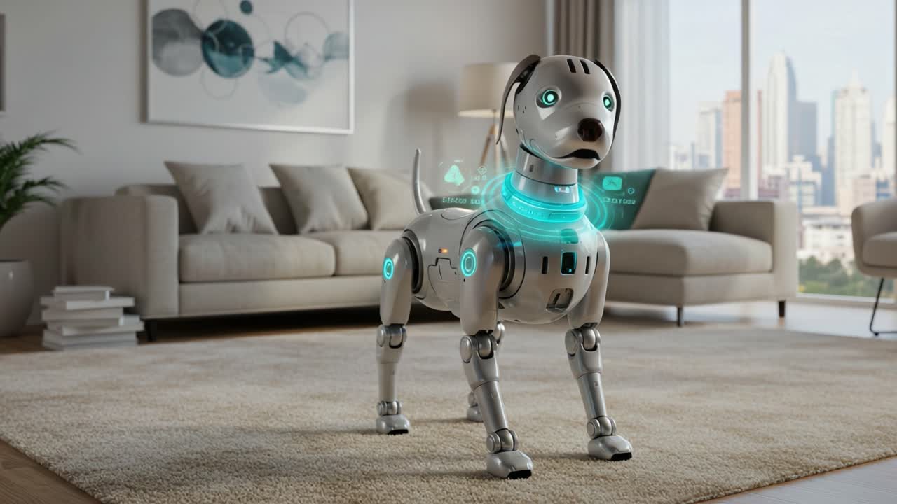 Futuristic Robotic Dog Companion in a Modern Living Room, Showcasing Advanced Technology and Interactive Features in a Comfortable Home Environment