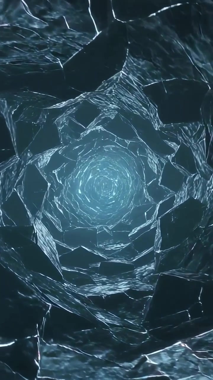 Vertical video: Rotating glass shard tunnel drawing camera inward toward pulsing cyan core glinting