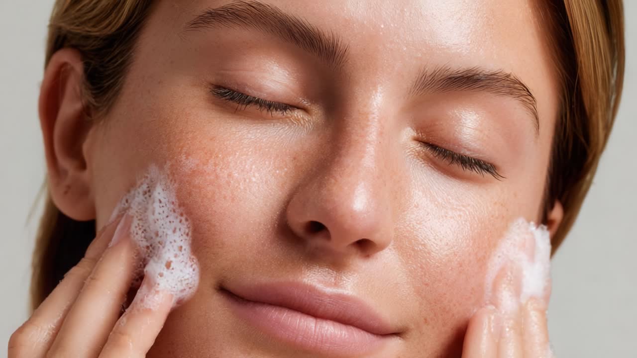 A Natural Beauty Routine: A Glimpse into a Skincare Process Featuring Gentle Cleansing Foam Applied to Radiant Skin