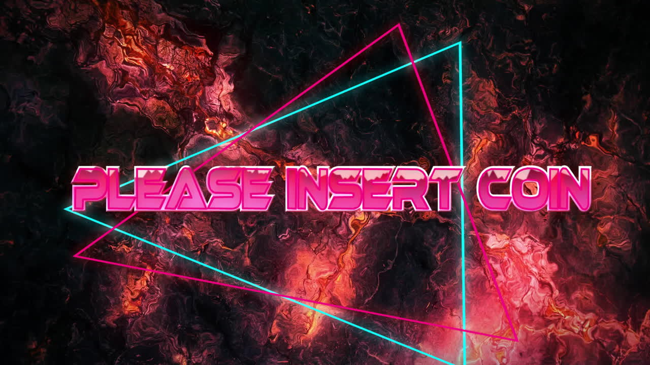 Neon triangles and Please Insert Coin animation on fiery abstract background