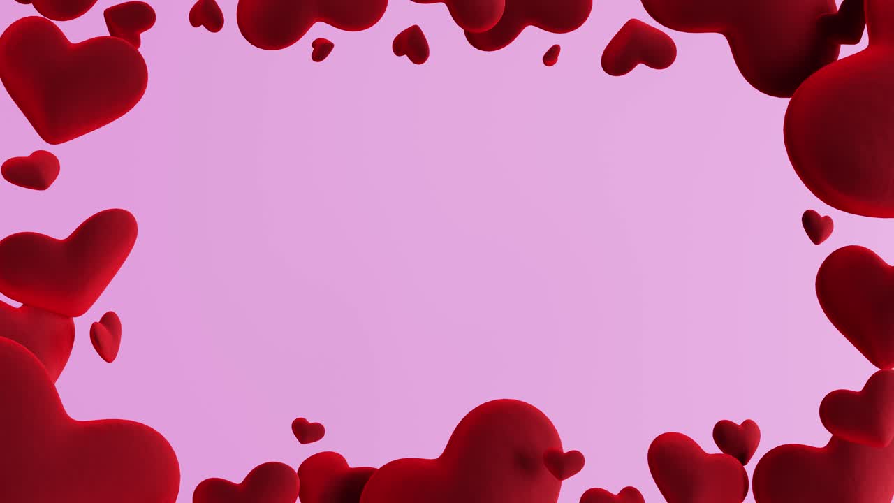 3d animation valentine day pink background falling red velvet hearts.