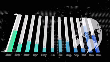 animation of data processing over world map and globe on black background