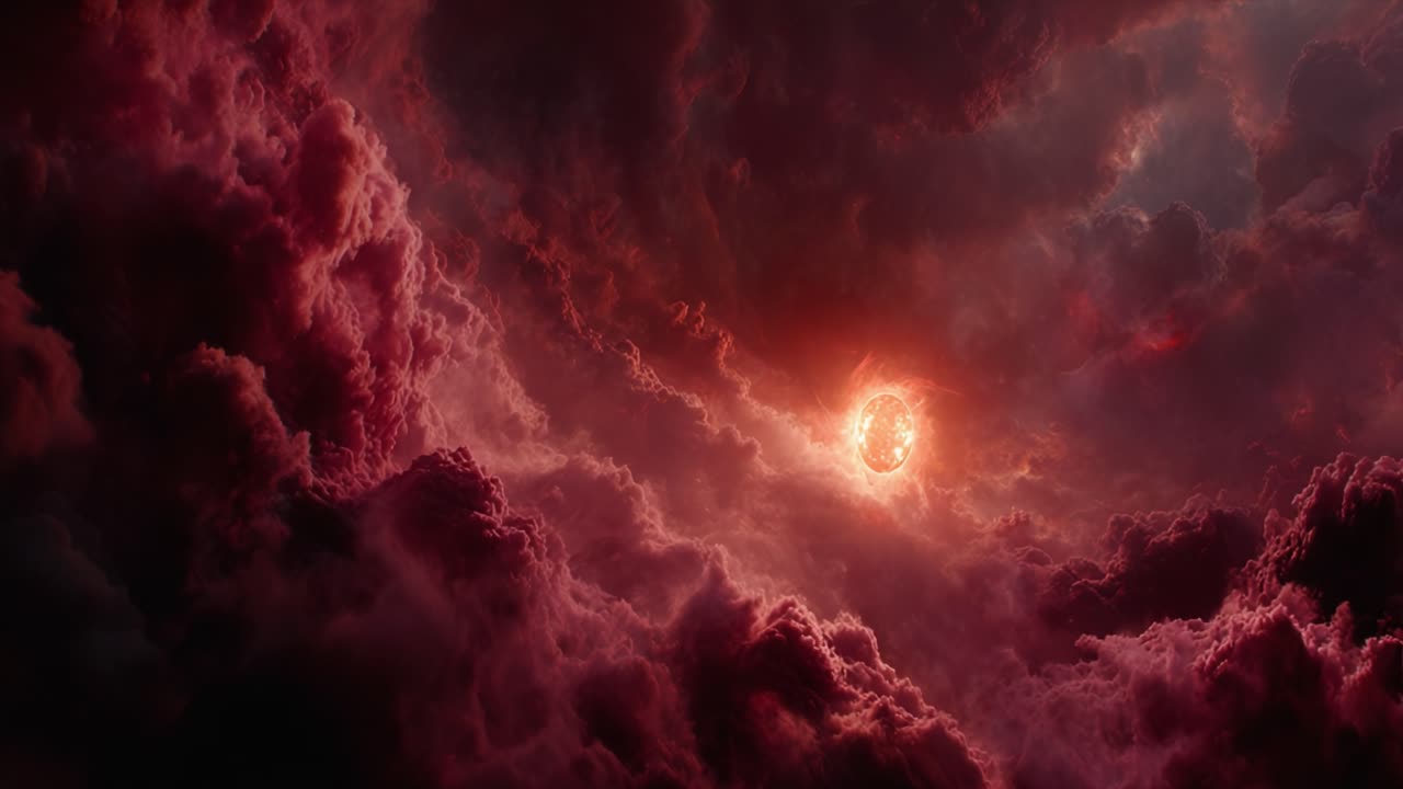 A Dramatic Celestial Scene: Dark Crimson Clouds Surrounding a Fiery Orb in the Sky, Evoking a Sense of Mystery and Intrigue in an Otherworldly Landscape