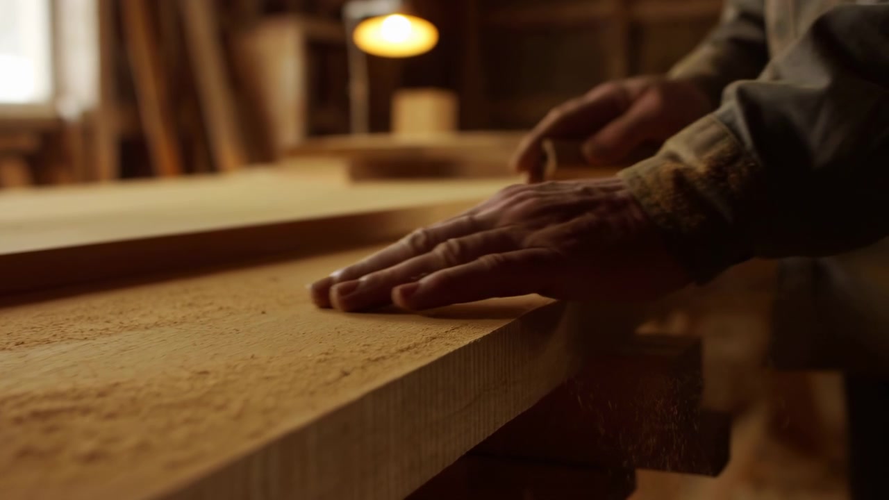 Close-up motion of mature hands pressing, smoothing, and aligning rough-sawn plank on wooden workbench inside warm indoor woodshop, with visible wood grain, dust, and focused craftsmanship