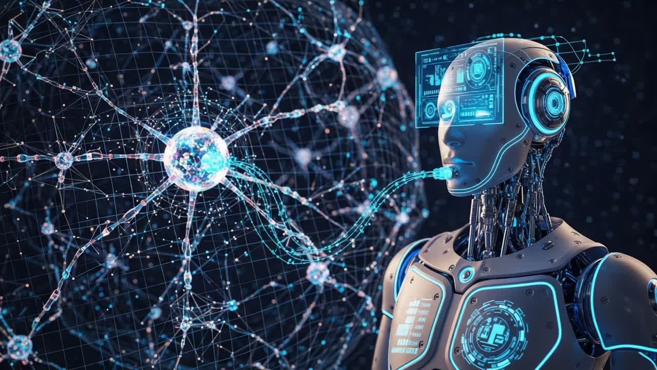 Futuristic Robot with Digital Interface Interfacing with a Visualized ...