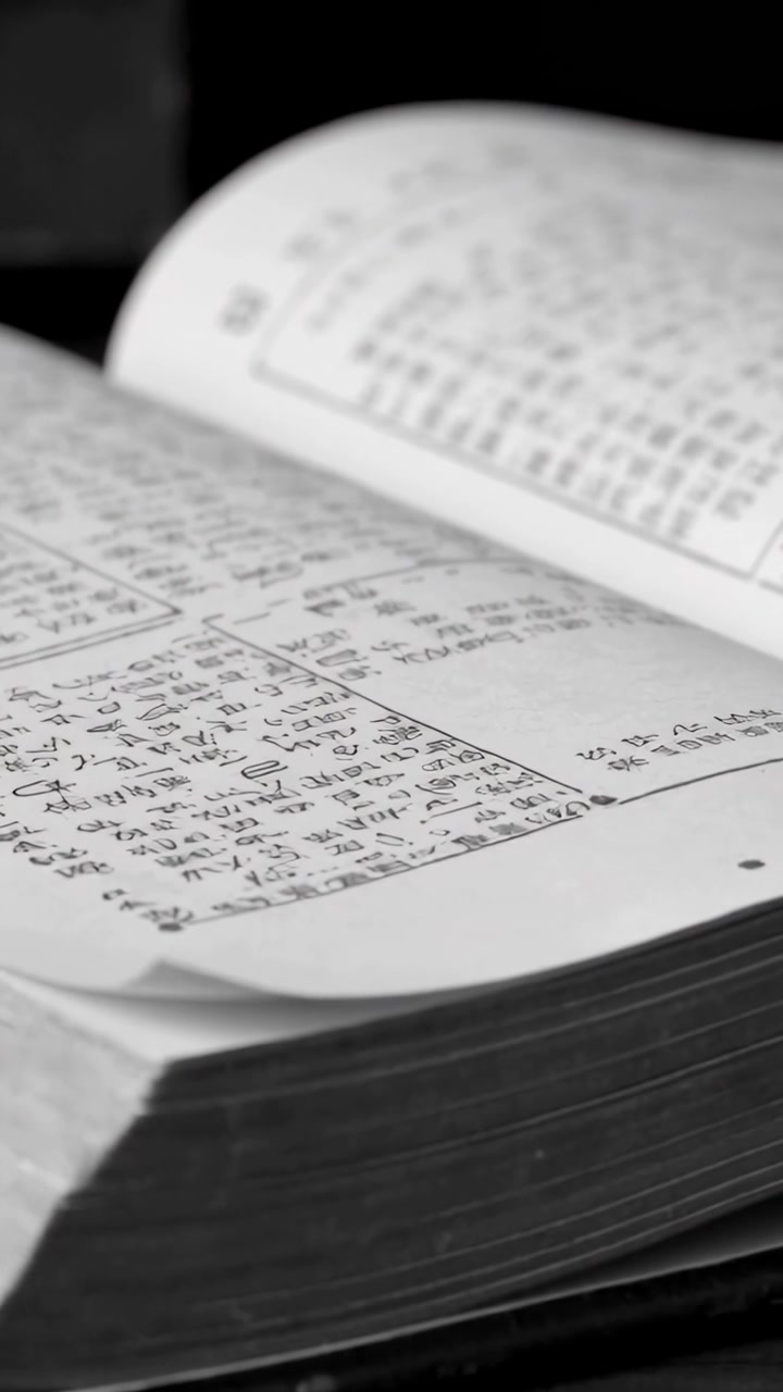 Vertical video: Panning camera examining thick book on dark table, revealing vertical Asian text