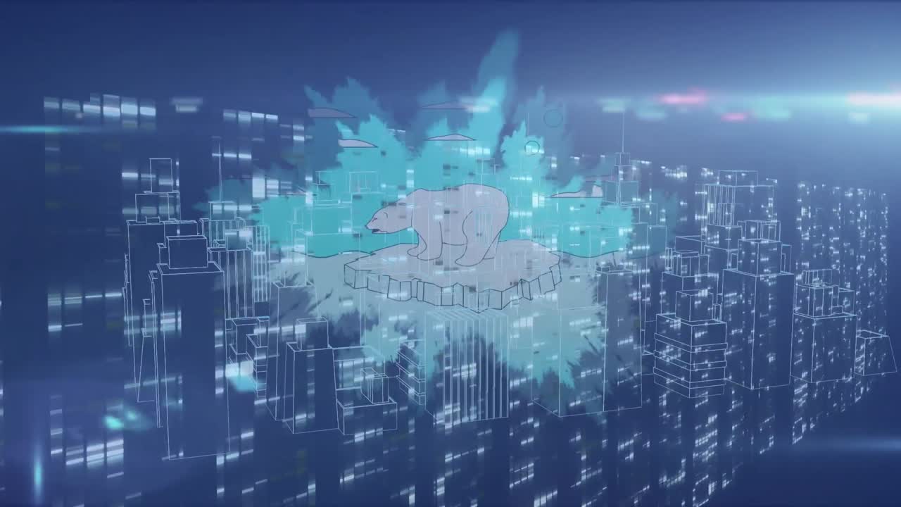 Animation of polar bear on glacier over data processing and cityscape at night