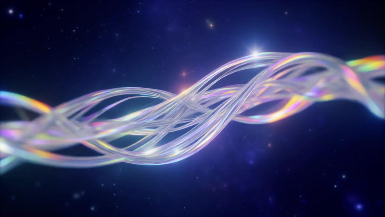 Abstract Glowing Iridescent Fiber Optic Strands Floating in Space