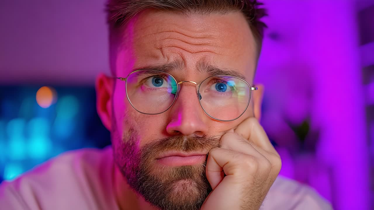 A Thoughtful Individual Pondering Life's Questions in a Colorful Ambient Room, Caught in a Moment of Reflection and Contemplation in Front of a Computer Screen