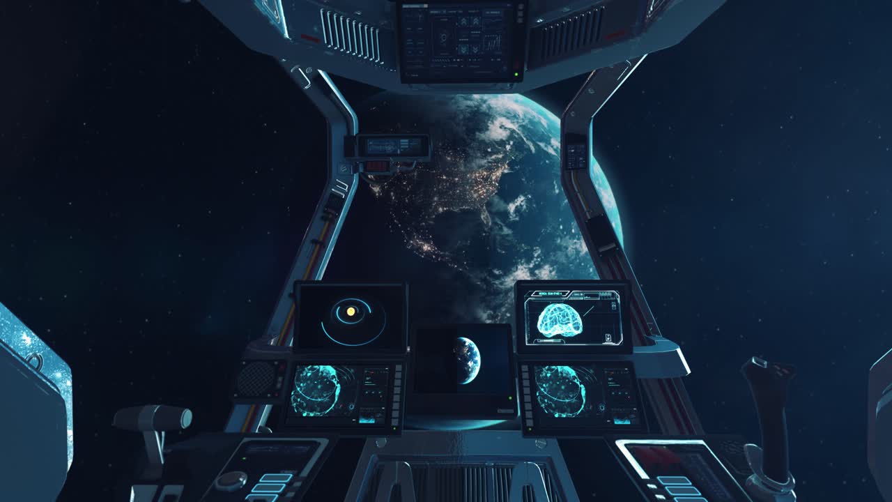 Vista dalla cabina di pilotaggio di un'astronave - Avvicinamento al pianeta Terra.