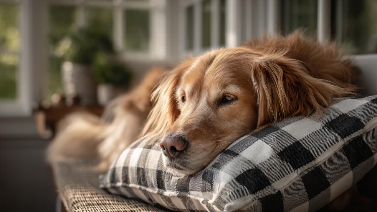A Golden Retriever Calmly Relaxing on a Cozy Pillow, Bathed in Soft Natural Light, Showcasing Its Serene Expression and Plush Fur in a Comfortable Home Setting