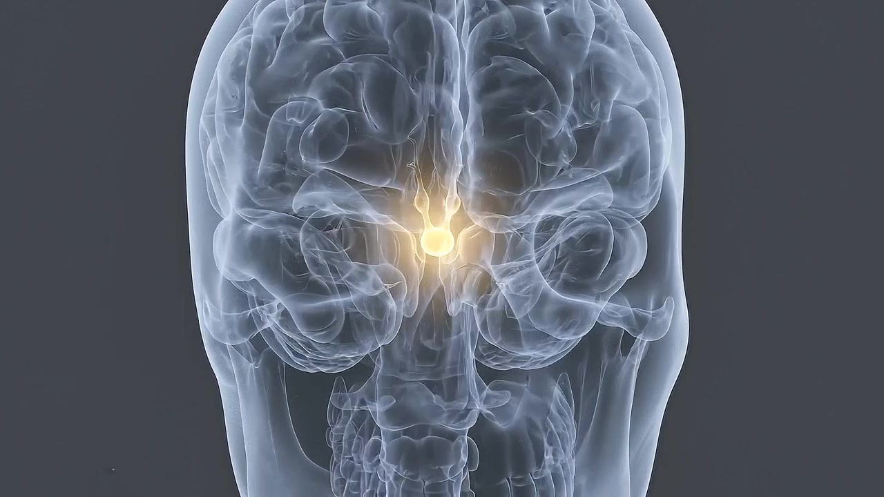 Cabeça em perfil lateral com pequeno foco brilhante dentro do cérebro humano em vista médica