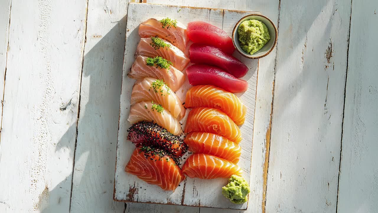 sashimi fresco con wasabi en una tabla blanca rústica