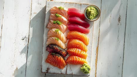 Verschiedene-Frische-Sashimi-Mit-Wasabi-Auf-Rustikalem-Weißen-Brett