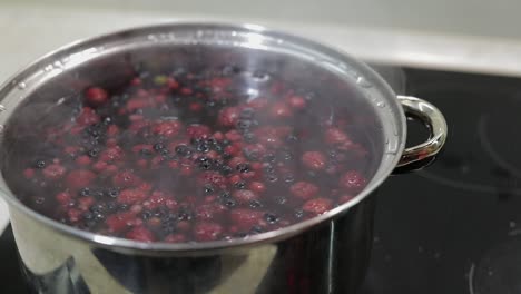 Berries-in-pot-with-boiling-water.-Adding-sugar.-Cooking-compote.-Kitchen