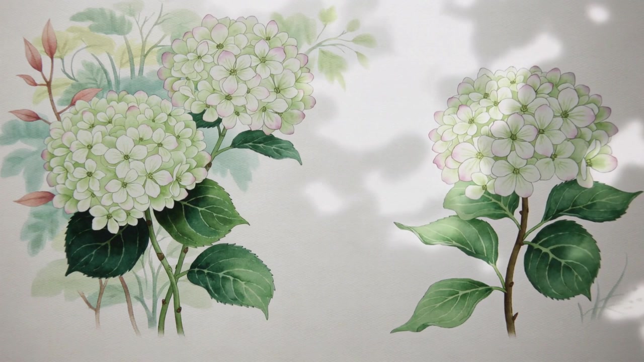 Moving light through leaves casting dappled shadows across two hydrangeas on paper revealing detail