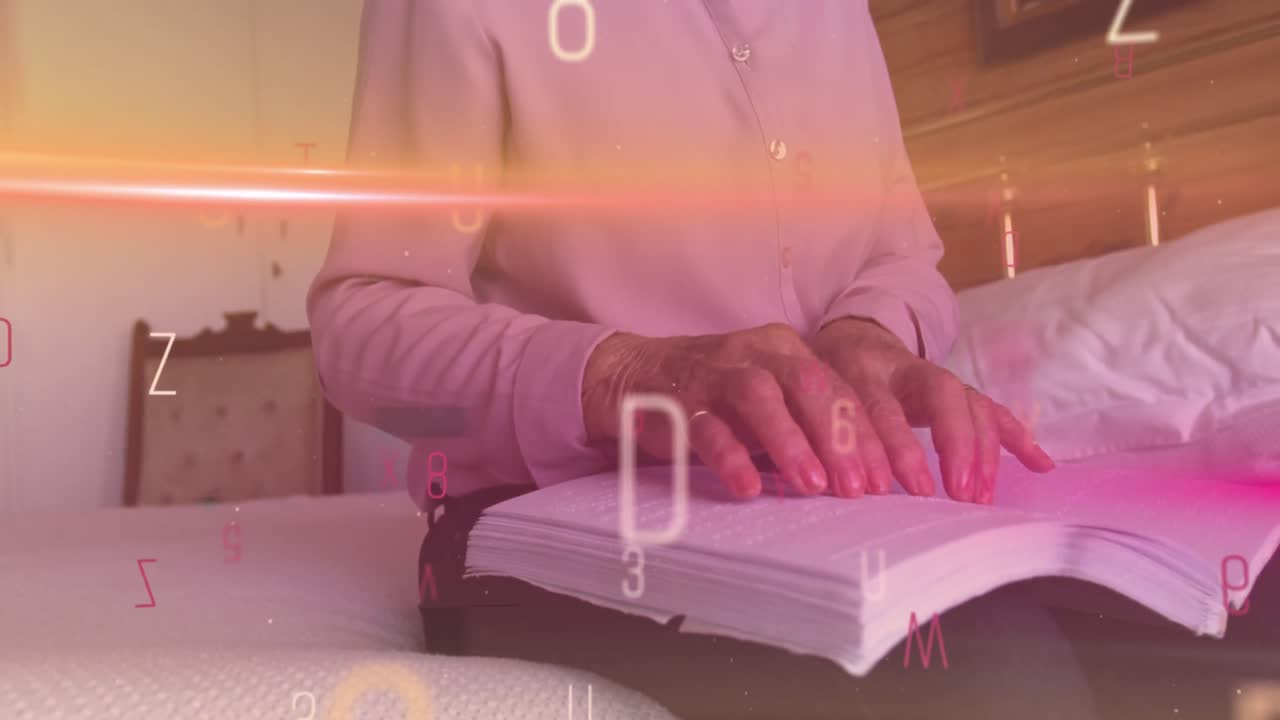 브라이일 문자를 읽는 고등 백인 여성에 대한 글자의 애니메이션