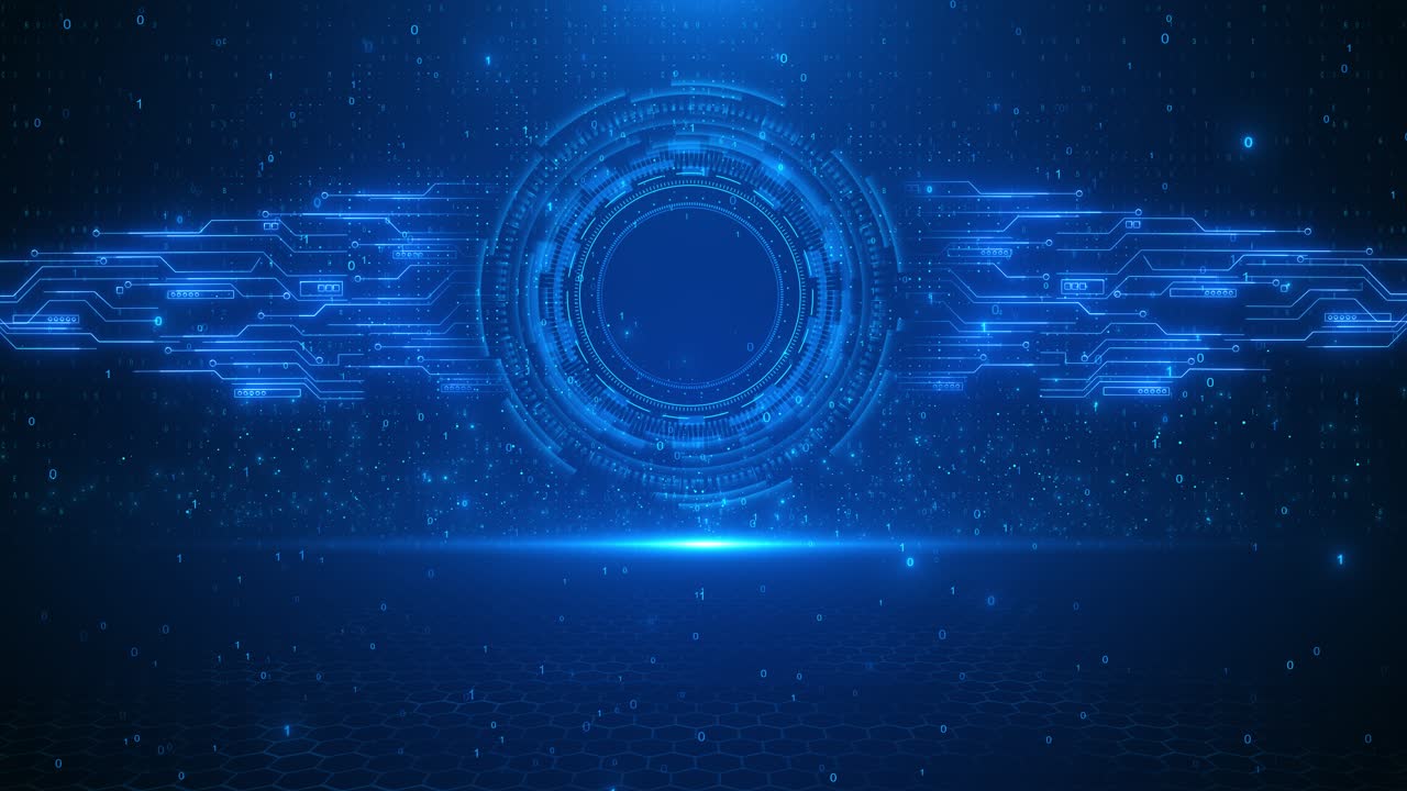 Interfaccia HUD circolare blu futuristica, connessioni di circuito, nucleo luminoso di tecnologia blu, linee dati di circuito