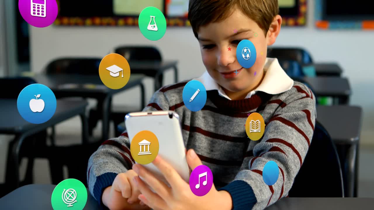 animación de iconos coloridos sobre un escolar caucásico usando un teléfono inteligente