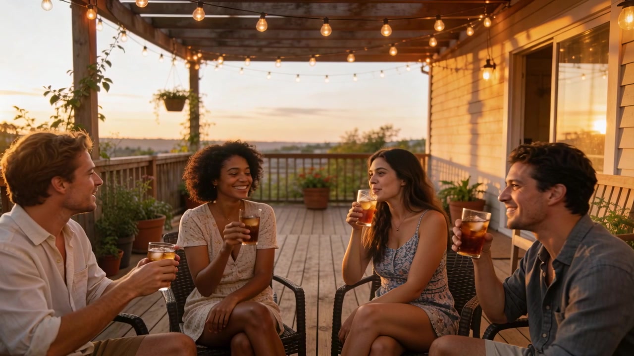 Quattro amici in abiti casual brindano e sorseggiano i loro drink sul ponte illuminato.