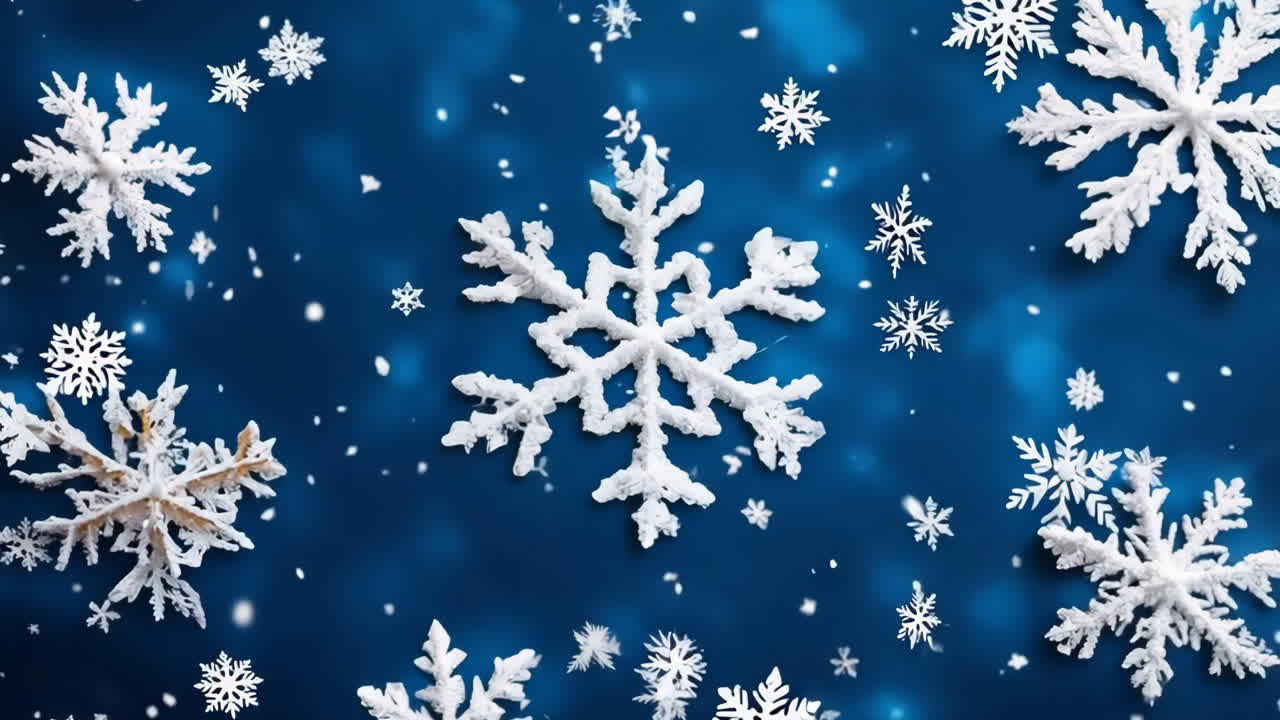 A blue background with snowflakes and a snowflake in the center. The snowflakes are all different sizes and shapes