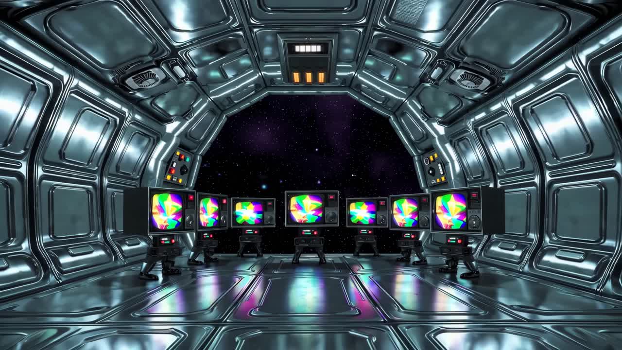 Interno di un'astronave retrò con televisori colorati