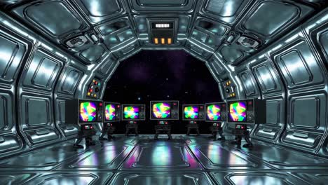 retro spaceship interior with colorful tvs