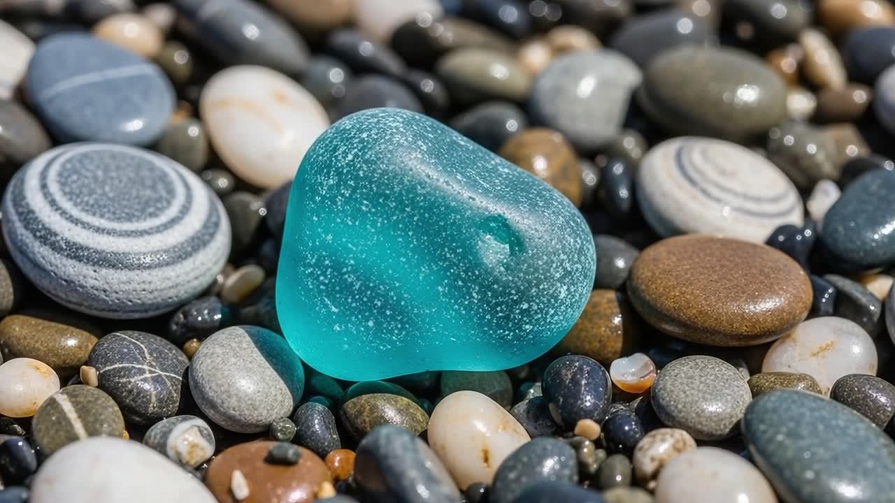 A Solitary Iridescent Stone Surrounded by a Variety of Textured Pebbles on a Beach, Capturing the Essence of Nature's Beauty in Fine Detail