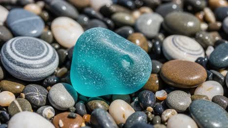 a solitary iridescent stone surrounded by a variety of textured pebbles on a beach, capturing the essence of nature's beauty in fine detail