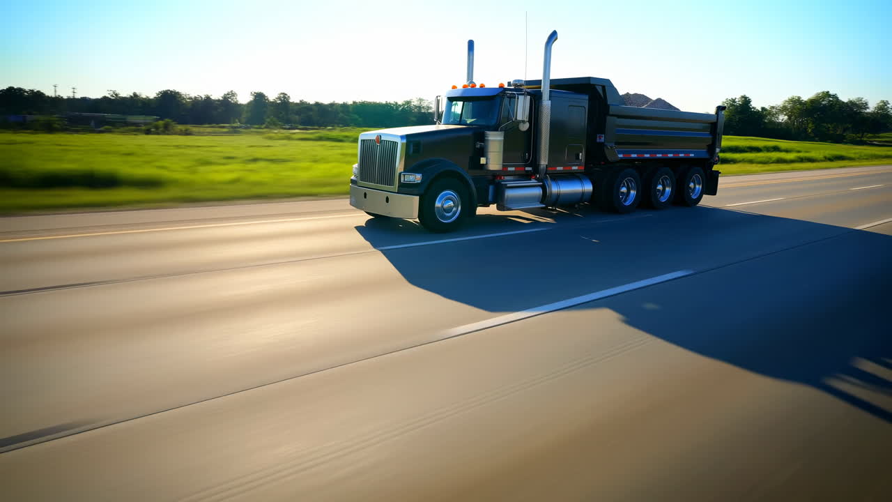 Sunlit Highway Truck Driving Across Green Fields, Heavyduty Dump Truck Cruising At Speed, Cinematic Tracking