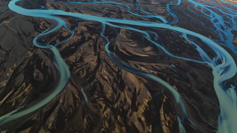 aerial view of kalfafell braided channel with sandy riverbed in iceland