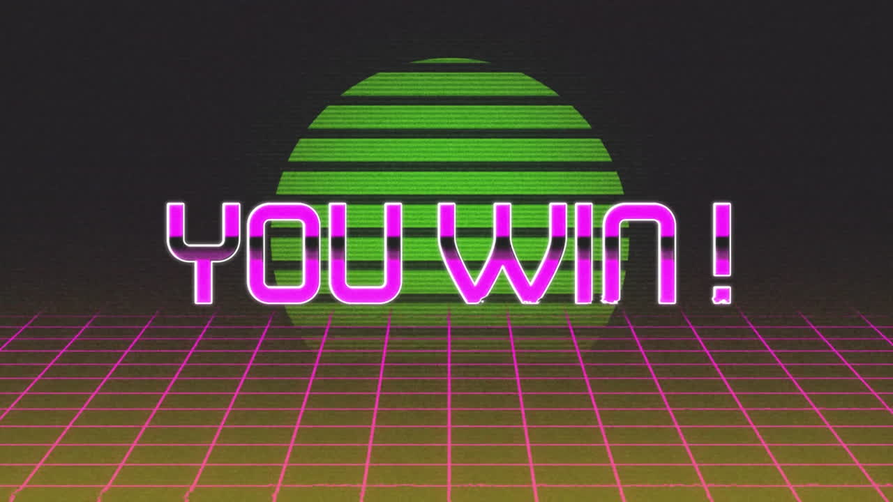 당신은 승리합니다! 분홍색 격자 땅과 반 ⁇ 이는 원 위에 쓰여진 단어
