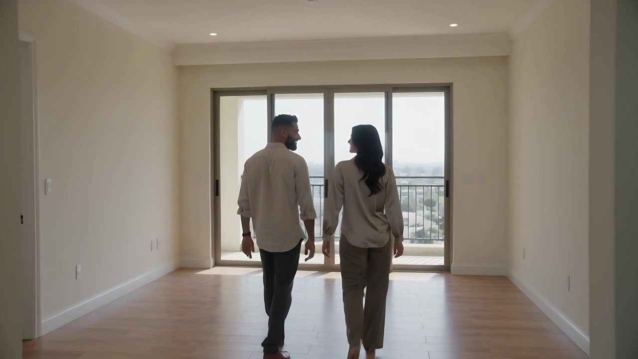 Pareja caminando entrando en un pasillo, dirigiéndose a una puerta corrediza de cristal, con un balcón para ver la ciudad, vestidos con prendas superiores claras.