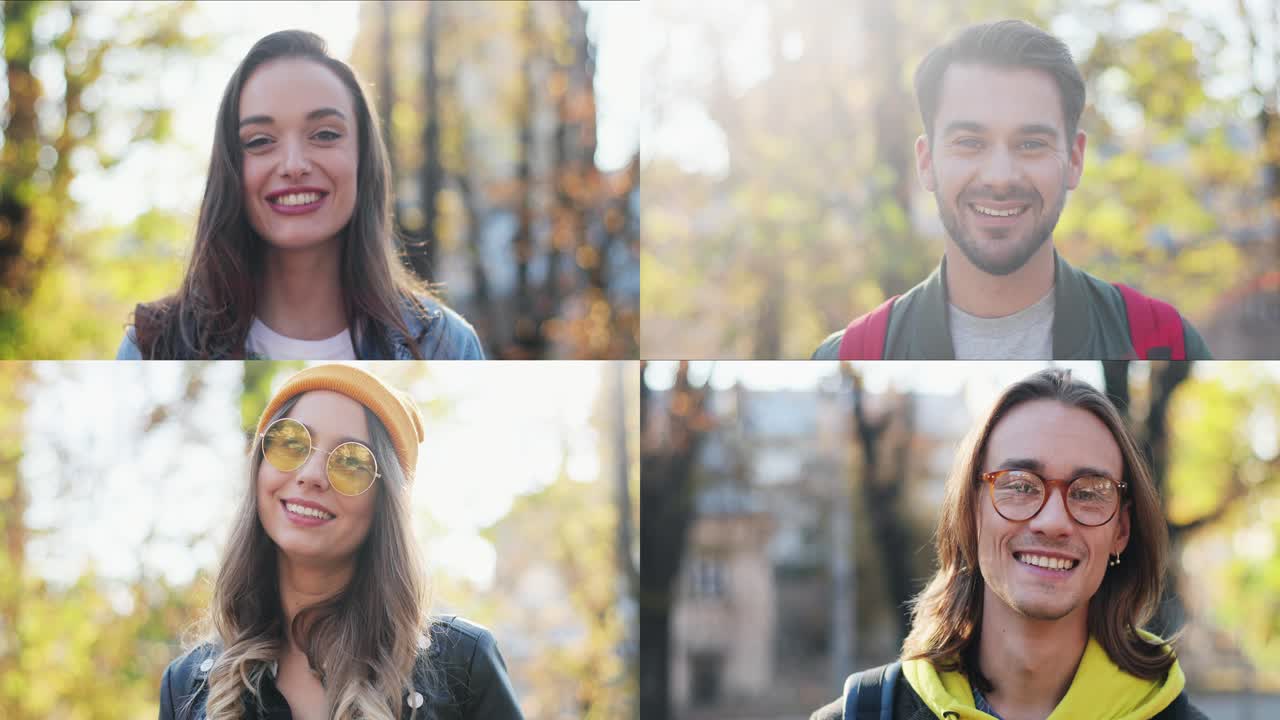 collage de diferentes jóvenes alegres en el parque en un día soleado. pantalla múltiple en primer plano retrato de un hombre y una mujer felices sonriendo al aire libre. chica alegre con gafas de sol. hombre con gafas. concepto de personas