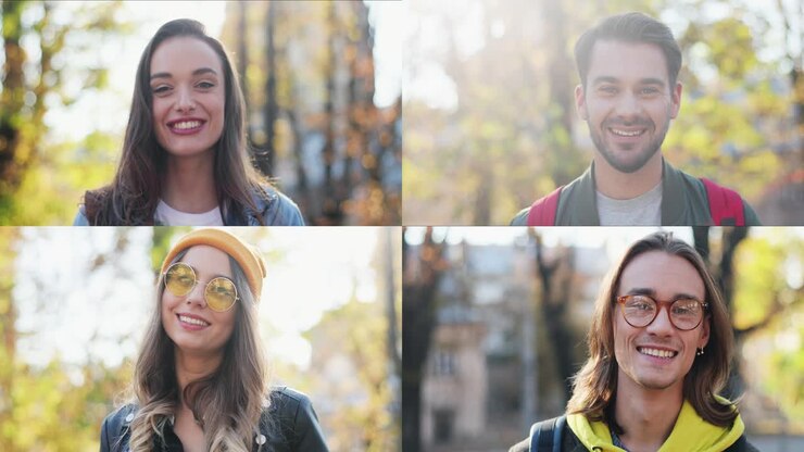 Collage di diversi giovani allegri al parco in una giornata di sole. Multiscreen su ritratti ravvicinati di uomini e donne felici e sorridenti all'aperto. Ragazza allegra con gli occhiali da sole. Uomo con gli occhiali. Concetto: Persone