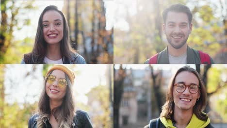 collage de diferentes jóvenes alegres en el parque en un día soleado. pantalla múltiple en primer plano retrato de un hombre y una mujer felices sonriendo al aire libre. chica alegre con gafas de sol. hombre con gafas. concepto de personas