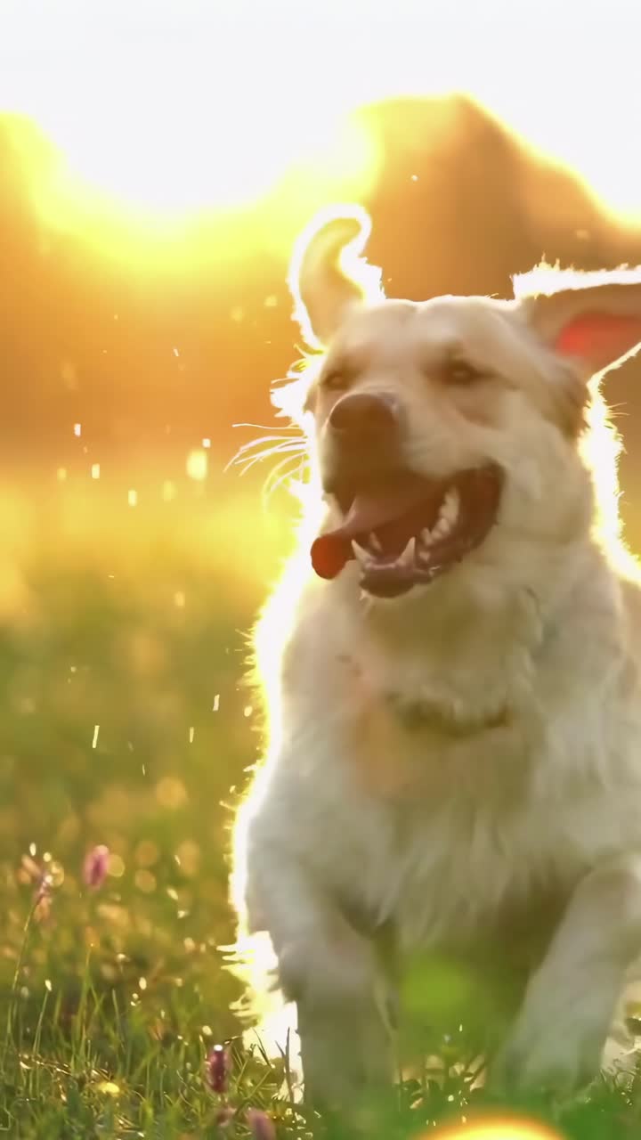 Güneşli bir tarlada koşan Golden Retriever, alçak açıdan çekilmiş