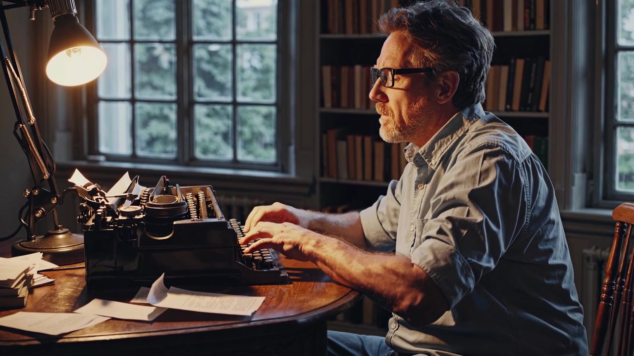 Uomo maturo che digita su una macchina da scrivere vintage in uno studio in penombra