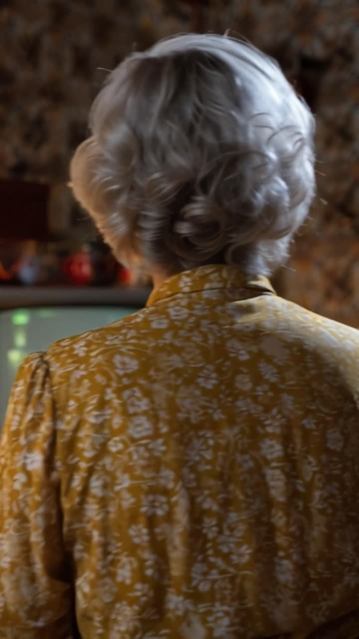 Donna guarda una vecchia televisione da dietro. I suoi capelli sono grigi, acconciati con cura. La sua camicetta è gialla con fiori bianchi. È seduta in silenzio, concentrata sullo schermo. Lo sfondo caldo e strutturato suggerisce un ambiente domestico.