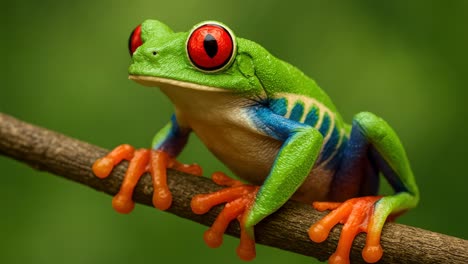 close-up video shot of a vibrant red-eyed tree frog perched on a branch, showcasing vivid colors